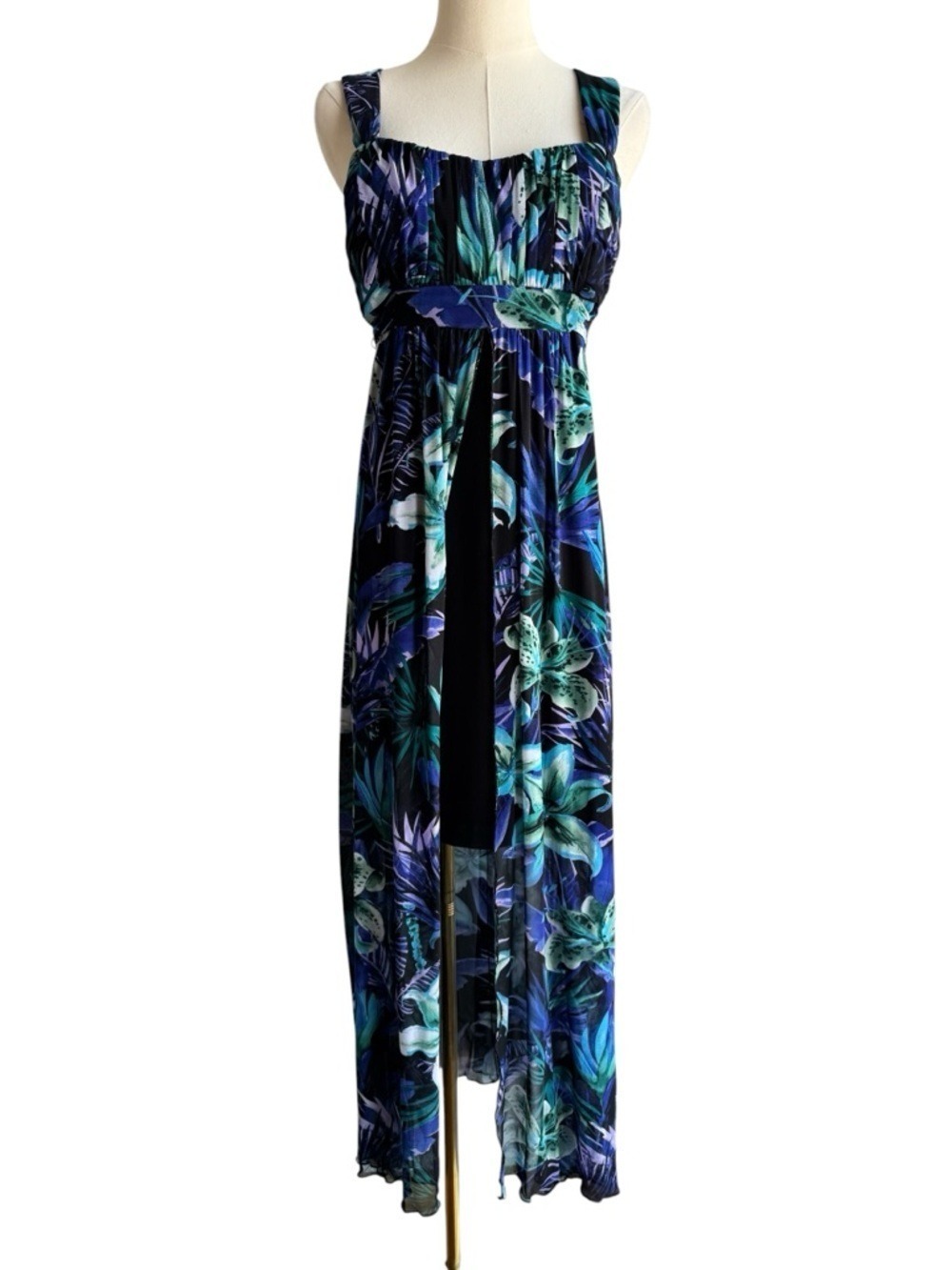 Tropical High Low Maxi Dress M Blue Floral Mesh Overlay Tie Back Resort Vacation